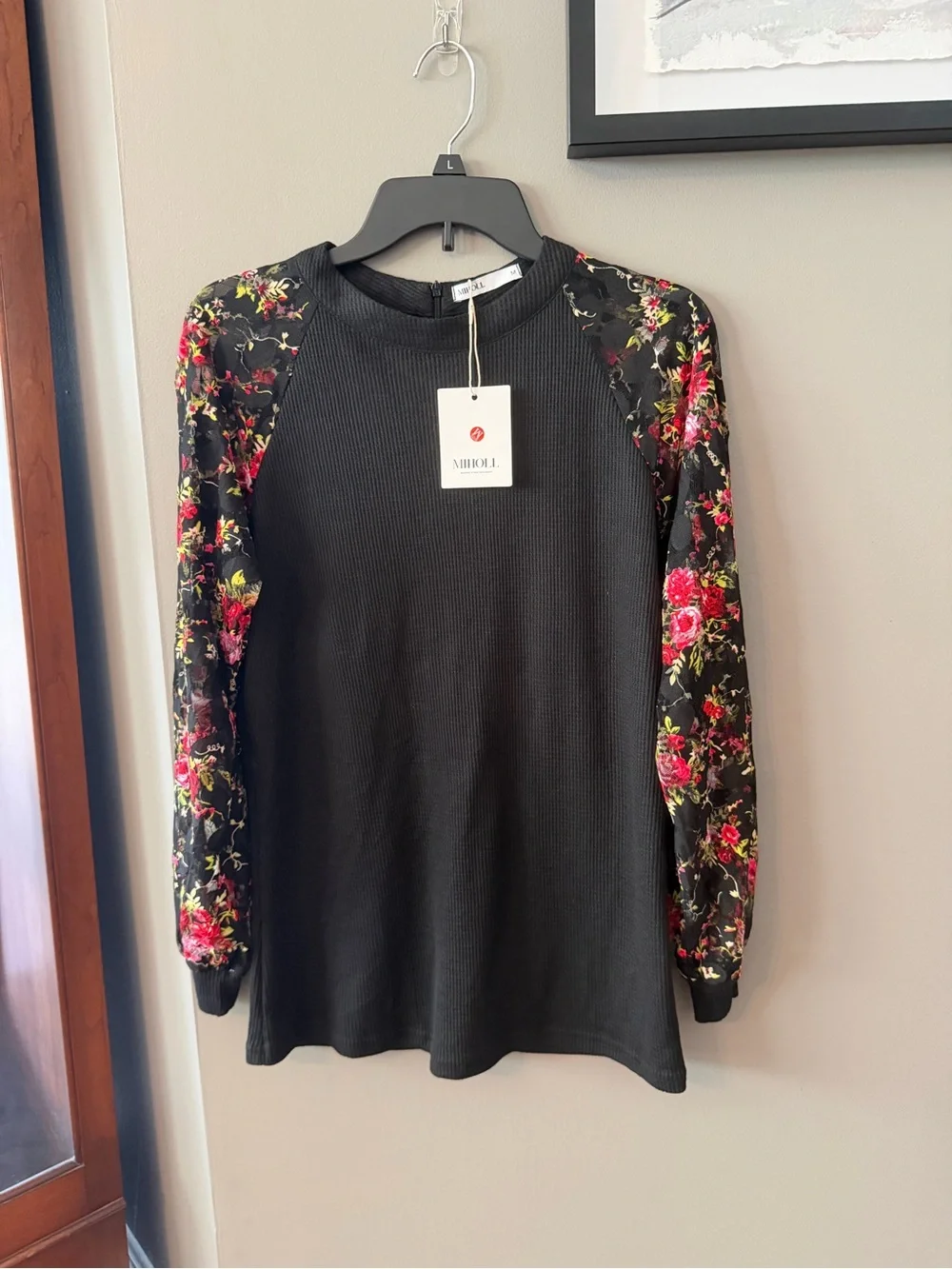 NWT Black Long-Sleeve Top with Sheer Floral Print Sleeves. Medium